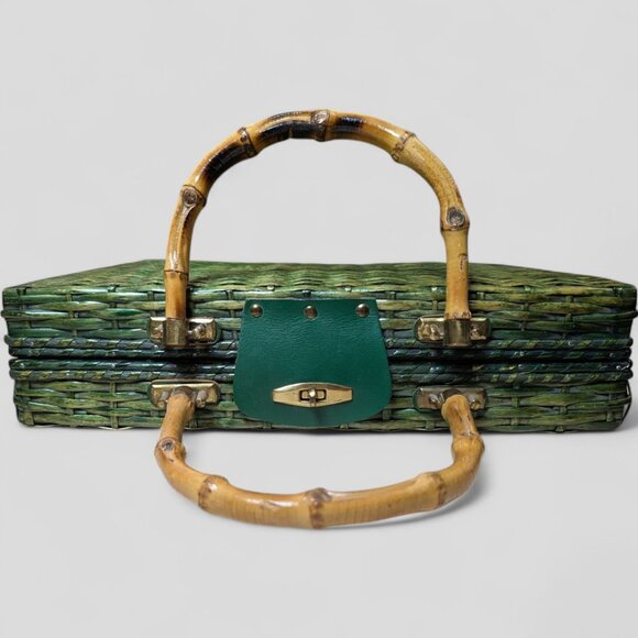 Vintage‎ Green Wicker Rattan Satchel Briefcase Purse Bamboo Handle  14"X10" MCM - Picture 2 of 16